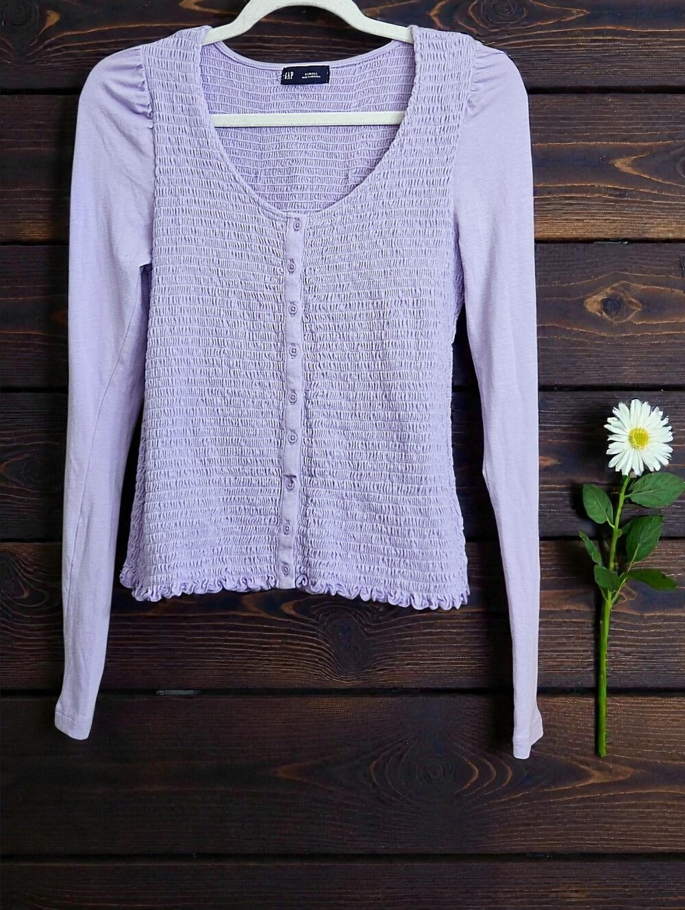 Gap Lavender Featherweight Smocked Long Sleeve Puff Shoulder Button Down Top XS
